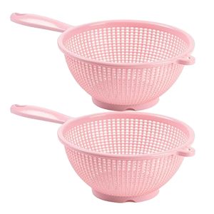 Keuken vergiet/zeef met steel - 2x - kunststof - Dia 22 cm x Hoogte 10 cm - roze