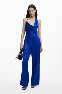 Asymmetric Wide Leg Fluid Jumpsuit - BLUE - M