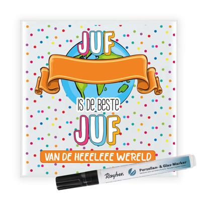 Cadeau tegel voor juf - de beste juf - invul tegel - stippen - keramiek - 15 cm