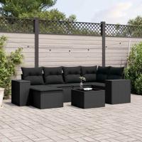 7-delige Loungeset met kussens poly rattan zwart
