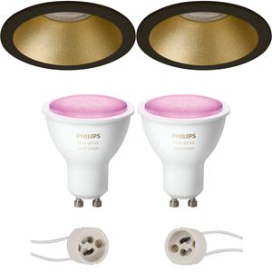 Pragmi Pollon Pro - Inbouw Rond - Mat Zwart/Goud - Verdiept - Ø82mm - Philips Hue - LED Spot Set GU10 - White and Color Ambiance - Bluetooth