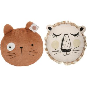 Dieren sierkussen set kinderkamer - kat/leeuw - 38/32 cm - polyester