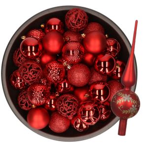 Kerstversiering set - 38-dlg - rood - kunststof kerstballen en glazen luxe piek