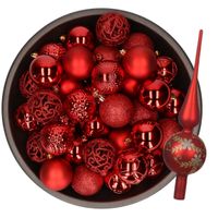 Kerstversiering set - 38-dlg - rood - kunststof kerstballen en glazen luxe piek