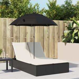 Ligbed 2-persoons met kussens en parasol poly rattan zwart