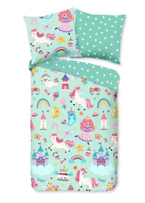 Good Morning Kinderdekbedovertrek "eenhoorn, prinses, regenboog" - Mint - (135x200 cm) - Katoen