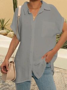 Casual Shirt Collar Cotton Blends Short Sleeve Blouse