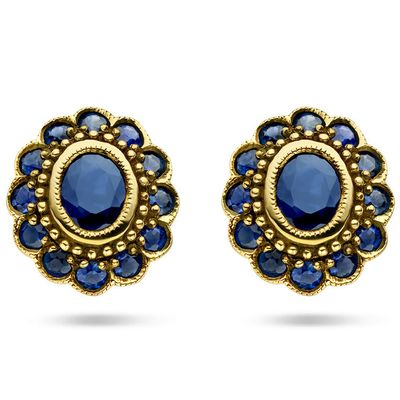 Oorknoppen Ovaal Halo geelgoud-saffier goudkleurig-blauw 10 x 11 mm