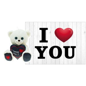 Pluche knuffel Valentijn I Love You beertje 25cm met hartjes wenskaart