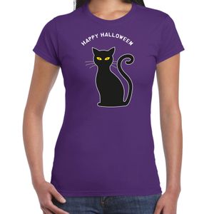 Bellatio Decorations Halloween verkleed t-shirt dames - zwarte kat - paars - themafeest outfit 2XL  -