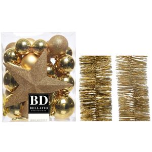 Kerstversiering kerstballen 5-6-8 cm met ster piek en folieslingers pakket goud van 35x stuks