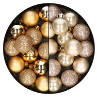 28x stuks kleine kunststof kerstballen champagne en goud 3 cm