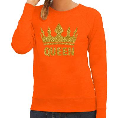 Koningsdag Sweater voor dames - Queen - glitter goud - oranje - feestkleding