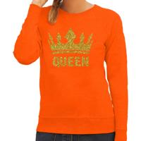 Koningsdag Sweater voor dames - Queen - glitter goud - oranje - feestkleding