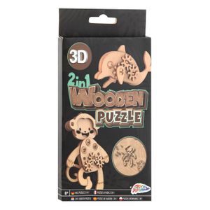 2-in-1 Houten Bouwpakket 3D Puzzel Dolfijn en Aap