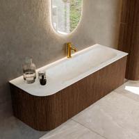 Badmeubel Mondiaz Kurve-Dlux | 135 cm | Meubelkleur Walnut | Wastafelkleur Opalo | Solid surface | Rechts spoelbak | 1 kraangat