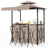 Tuinbarset Weerbestendige Grillpaviljoen met Bar en 2 Barkrukken Tuinpaviljoen met Dubbele Dak en Luifel Bruin