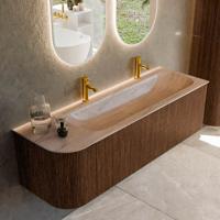 Badmeubel Mondiaz Kurve-Dlux | 145 cm | Meubelkleur Walnut | Wastafelkleur Saba | Solid surface | Wasbak rechter zijde spoelbak | 2 kraangaten Badmeubel Mondiaz Kurve-Dlux | 145 cm | Meubelkleur Walnut | Wastafelkleur Saba | Solid surface | Wasbak rechter zijde spoelbak | 2 kraangaten