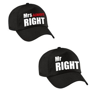 Zwarte kadopetten / caps Mr Right en Mrs Always right met witte / roze tekst voor koppels / bruidspaar / echtpaar volwassenen   -