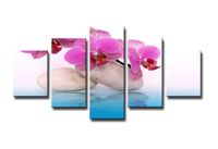 Schilderij - Orchidee en Zen, Blauw/Roze, 160X80cm, 5luik