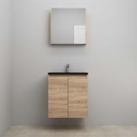 On-Line Badkamermeubelset - 60 cm - Voorgemonteerd - Greeploze Ladestructuur - Acryl Wastafel - 1 Kraangat - Spiegelkast - Eiken