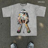 Bon&Bon Men's Graphic Printed Cotton T-Shirt - Loose Fit Blue Grey / XXL