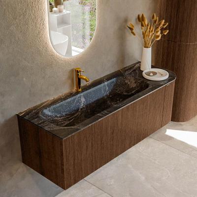 Badmeubel Mondiaz Kurve-Dlux | 135 cm | Meubelkleur Walnut | Wastafelkleur Lava | Solid surface | Links spoelbak | 1 kraangat