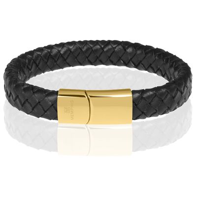 Memphis gevlochten leren armband Zwart Goud-21cm