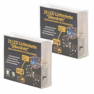 2x Draadverlichting zilver met warm witte LED lampjes 2 meter op batterijen met timer