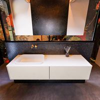 Badkamermeubelset Mondiaz Erin 150 cm met 2 Lades met RIDGE Wastafel Links Talc Zonder Kraangaten Greeploos Mat Linen