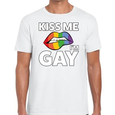 Kiss me i am gay t-shirt - wit - voor heren - Gay pride kleding - katoen - korte mouwen