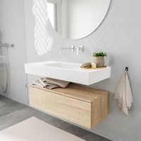 Mondiaz Alan badmeubel 100 cm washed oak 1 lade vrijhangend wastafel midden zonder kraangat wit