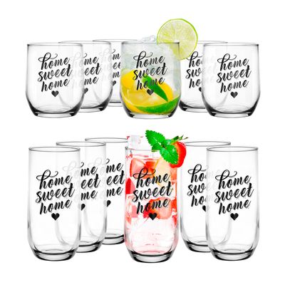 Glasmark Drinkglazen/waterglazen Tumblers Home Sweet Home - transparant glas - 12x stuks