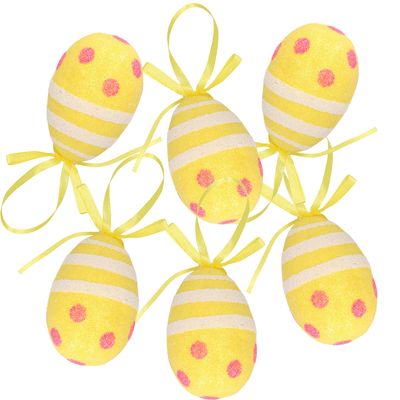 Set van 12x decoratie paaseieren hangend geel glitter - piepschuim - 6 cm
