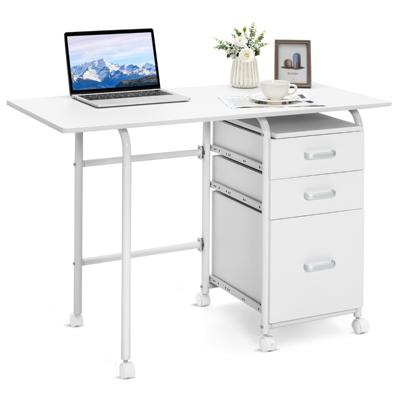 Inklapbare Computertafel met 3 Laden en Wieltjes Bureau met Metalen Frame Klapbureau105 x 50 x 75 cm (Wit/Bruin/Natuur)