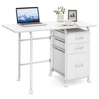 Inklapbare Computertafel met 3 Laden en Wieltjes Bureau met Metalen Frame Klapbureau105 x 50 x 75 cm (Wit/Bruin/Natuur)