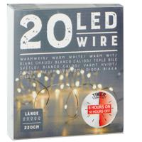 Draadverlichting lichtsnoer - 220 cm - 20 leds - warm wit - batterij - timer - kerstverlichting