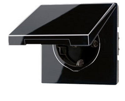 Jung LS990 wandcontactdoos 1-voudig met randaarde en klapdeksel zwart glanzend