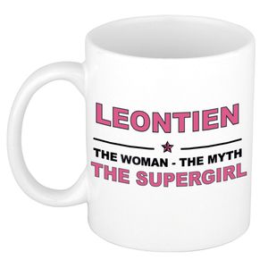 Naam cadeau mok/ beker Leontien The woman, The myth the supergirl 300 ml   -