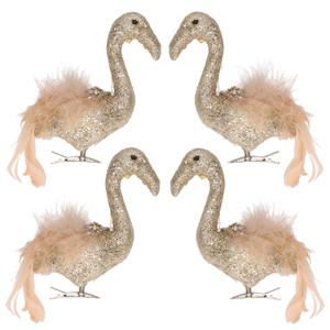 Kerstboom versiering Flamingo - 4x - goud - 13 cm - op clip - vogeltjes