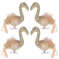 Kerstboom versiering Flamingo - 4x - goud - 13 cm - op clip - vogeltjes - thumbnail