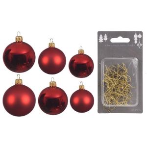 Groot pakket glazen kerstballen 50x kerstrood glans/mat 4-6-8 cm incl haakjes