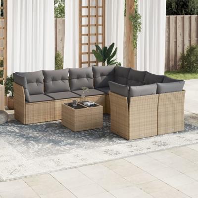 9-delige Loungeset met kussens poly rattan beige