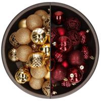 74x stuks kunststof kerstballen mix donkerrood en goud 6 cm - Kerstbal - thumbnail