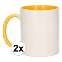 Koffiemok / thee beker - 2x - 300 ml - Wit/geel - Cadeau mokken - keramiek