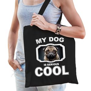 Katoenen tasje my dog is serious cool zwart - mopshond honden cadeau tas - Feest Boodschappentassen