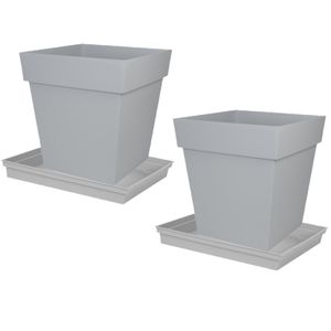 Set van 4x stuks bloempotten Toscane vierkant kunststof grijs 39 x 39 x 39 cm inclusief onderschalen