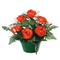 Louis Maes Kunstbloemen plantje in pot - rood - 25 cm - Bloemstuk ornament - rozen met bladgroen   -