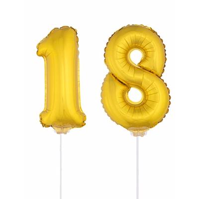 18 jaar leeftijd feestartikelen - versiering cijfers - goud - ballonnen op stokje - van 41 cm 18 jaar leeftijd feestartikelen - versiering cijfers - goud - ballonnen op stokje - van 41 cm