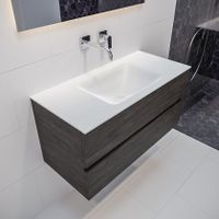 Mondiaz Vica Cloud badmeubel eiken donker bruin 100 cm 2 lades solid surface enkele spoelbak midden zonder kraangat